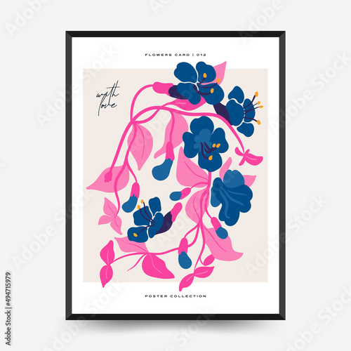 Abstract floral posters template. Modern trendy Matisse minimal style. Pink and blue colors. Hand drawn design for wallpaper, wall decor, print, postcard, cover, template, banner. 