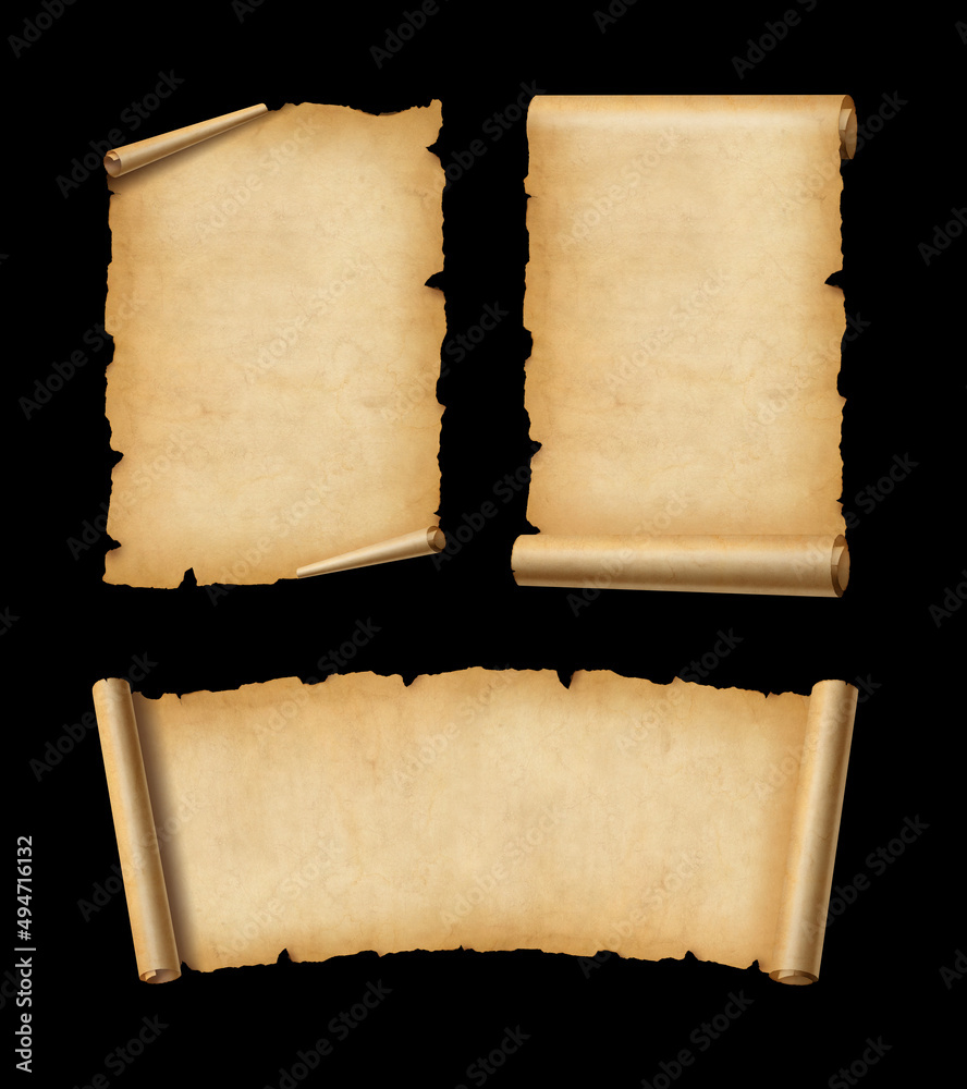 Old Parchment paper scroll set isolated on black. Horizontal and vertical banners