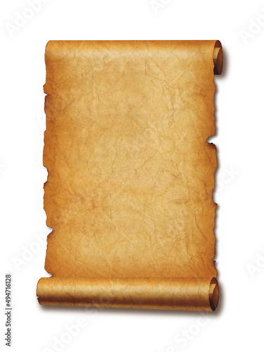 Old mediaeval paper sheet. Parchment scroll isolated on white with shadow