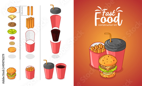 fast food isometry constructor kit for web, print and game development with grid, gradation 32px