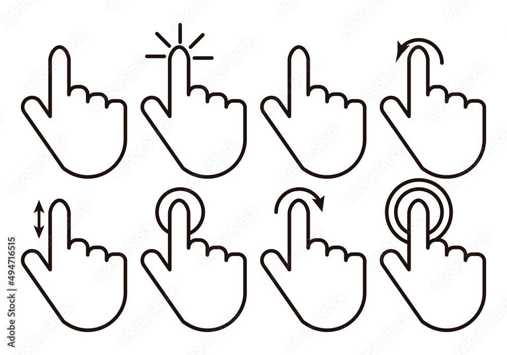 Icono negro de cursor de mano con gestos. 