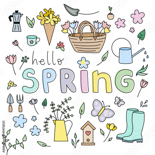 Hello spring. Spring time collection with flowers  plants and gardening tools. Hand drawn. For scrapbooking  greeting card  invitation  poster. Vector illustration  flat design