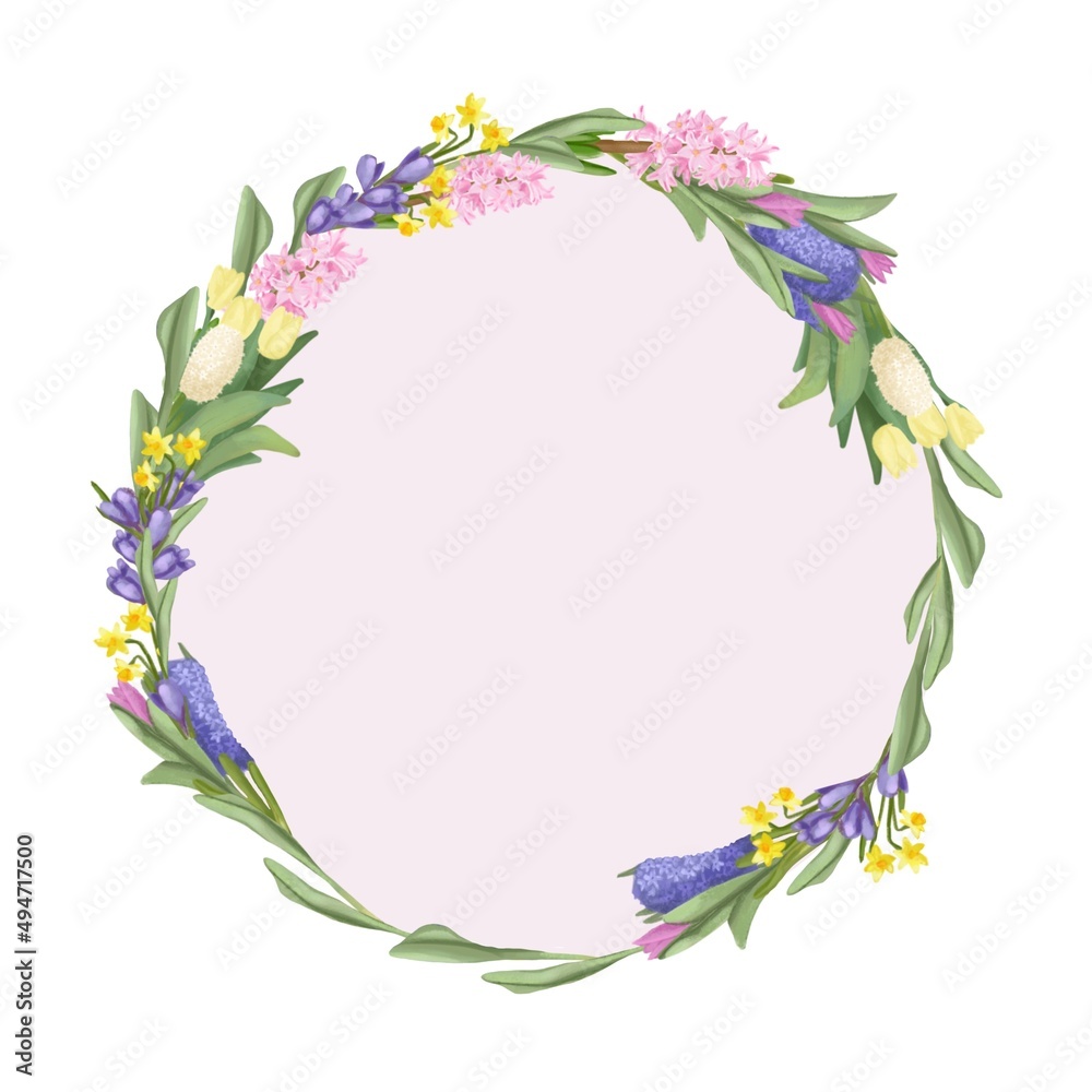 A wreath of fresh garden herbs isolated on a white background. A frame of flowers. Banner with the first spring flowers