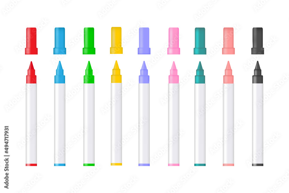 Color marker. Felt tip of marker. Pencil for highlight. Permanent palette of pens. Set of felt tips with green, red, yellow, blue and black colors. Crayons isolated on white background. Vector