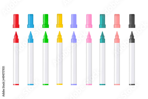 Obraz na płótnie Color marker. Felt tip of marker. Pencil for highlight. Permanent palette of pens. Set of felt tips with green, red, yellow, blue and black colors. Crayons isolated on white background. Vector w salonie