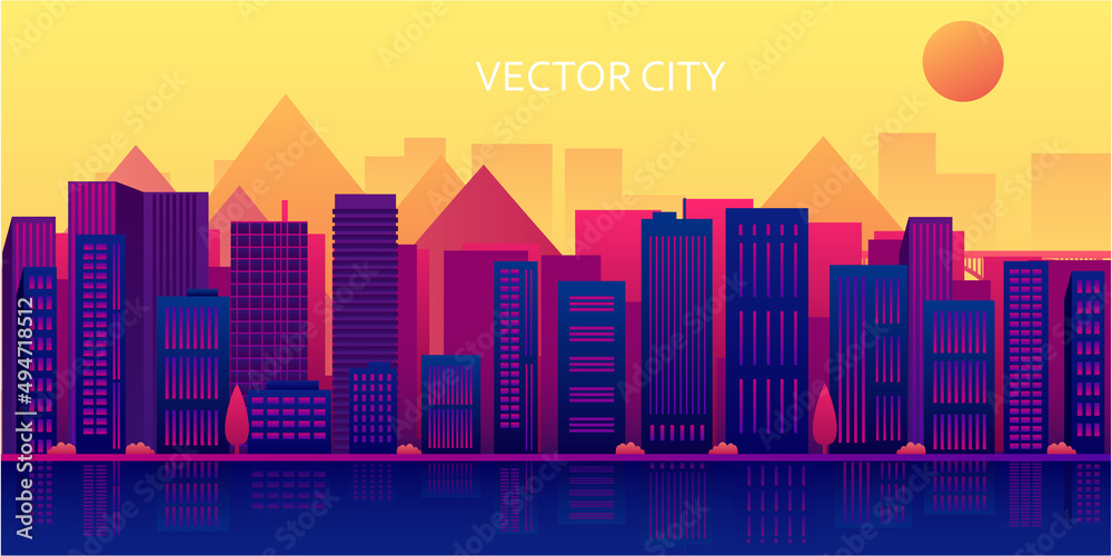 Vector poster with city view. Urban landscape with skyscrapers and mountains. Panoramic view.