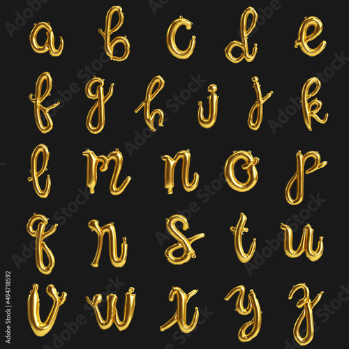 Alphabet handwritten balloons 3d illustration of type 2 golden balloons isolated on black background