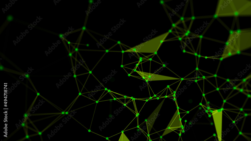 High-tech tour of the green grid with flickering spots and numerous geometric figures, triangles, lines, dots, connected to each other on a green background. 3D rendering. - obrazy, fototapety, plakaty 