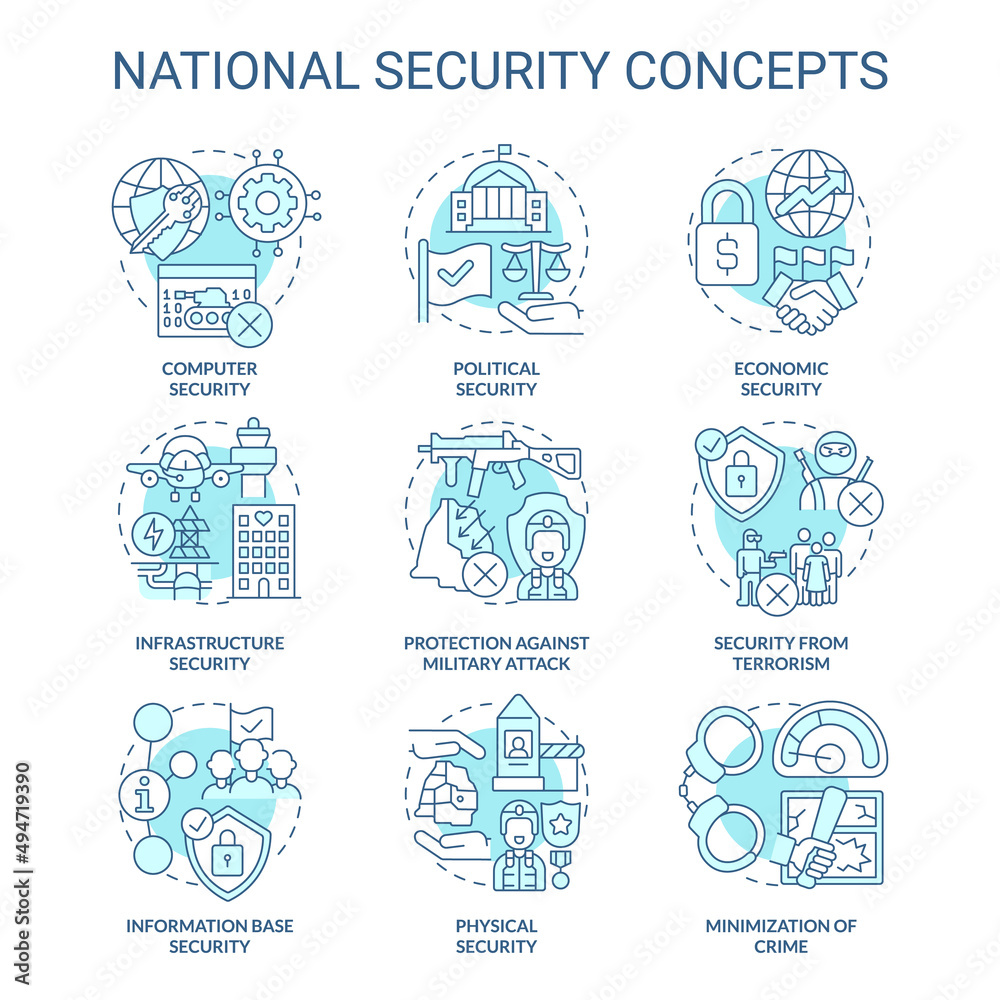 National and international security turquoise concept icons set. Countries safety idea thin line color illustrations. Isolated symbols. Editable stroke. Roboto-Medium, Myriad Pro-Bold fonts used