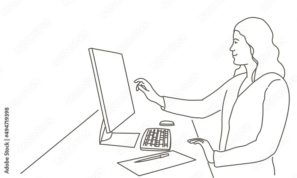 Young woman working on project. He is looking at the laptop screen. Young woman working on project. He is looking at the laptop screen.
