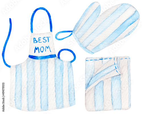 Watercolor collection, blue striped kitchen textile, mom's apron, towel and potholder isolated on white background.