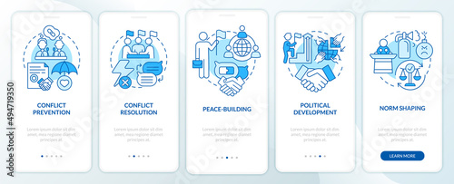 Community security blue onboarding mobile app screen. National protection walkthrough 5 steps graphic instructions pages with linear concepts. UI, UX, GUI template. Myriad Pro-Bold, Regular fonts used
