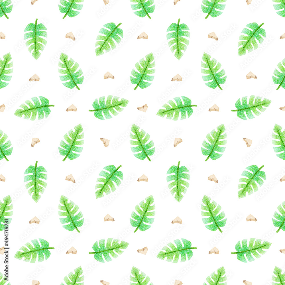 collection of watercolor seamless patterns with tropical vegetation on isolated background (for stationery design, wallpaper, printing on  objects, wrapping paper, fabric, textile, etc.)