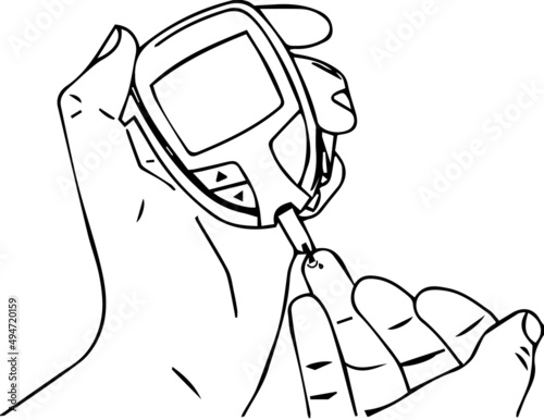 Outline sketch drawing vector of sugar test machine examine sugar, line art illustration of hand and sugar machine