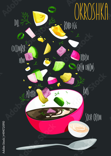 Traditional Russian summer cold soup okroshka with kvass. Vector illustraton