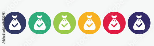 Money bag vector set with checkmark icon.