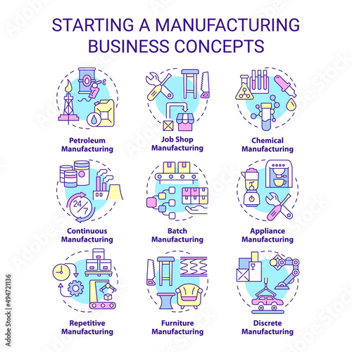 Starting manufacturing business concept icons set. Production process idea thin line color illustrations. Isolated symbols. Editable stroke. Roboto-Medium, Myriad Pro-Bold fonts used