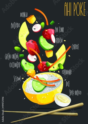 Hawaiian tuna fish poke bowl with rice. Vector illustration