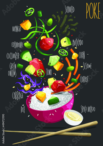 Hawaiian dish poke bowl. Vector illustration