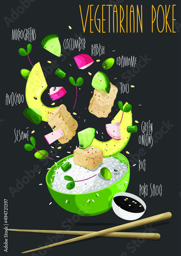 Hawaiian vegetarian poke bowl with rice. Vector illustration