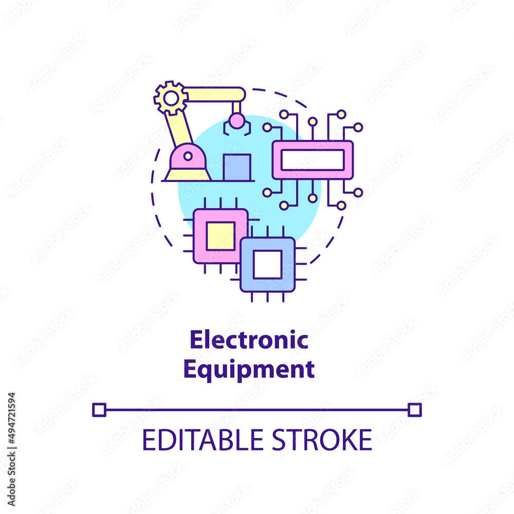 Electronic equipment concept icon. Building devices components. Business subsector abstract idea thin line illustration. Isolated outline drawing. Editable stroke. Arial, Myriad Pro-Bold fonts used Electronic equipment concept icon. Building devices components. Business subsector abstract idea thin line illustration. Isolated outline drawing. Editable stroke. Arial, Myriad Pro-Bold fonts used