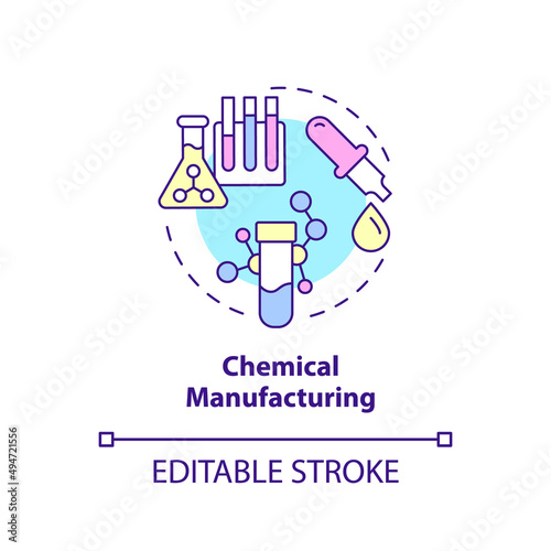 Chemical manufacturing concept icon. Synthetic substances. Business subsector abstract idea thin line illustration. Isolated outline drawing. Editable stroke. Arial, Myriad Pro-Bold fonts used