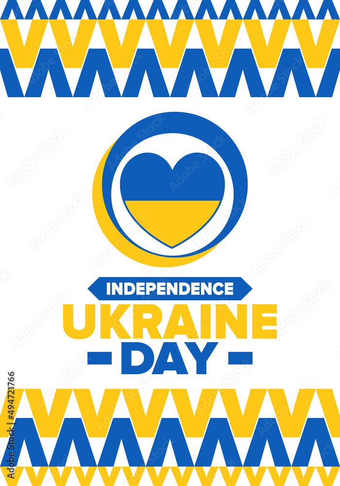 Obraz premium Independence Day in Ukraine. National happy holiday, celebrated annual in August 24. Ukrainian flag. Blue and yellow. Patriotic elements. Poster, card, banner and background. Vector illustration