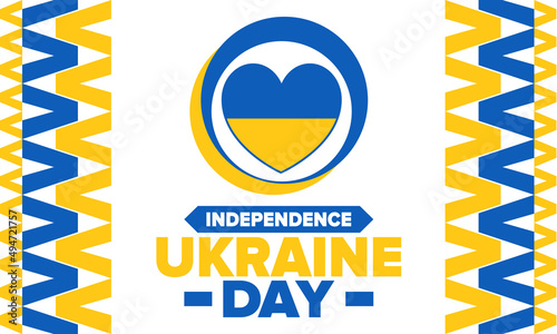 Independence Day in Ukraine. National happy holiday, celebrated annual in August 24. Ukrainian flag. Blue and yellow. Patriotic elements. Poster, card, banner and background. Vector illustration