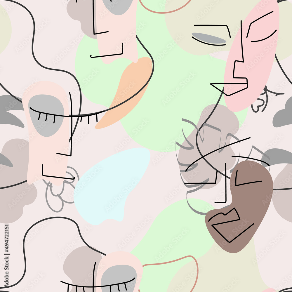 One line drawing. Abstract face seamless pattern. One line drawing. Abstract face seamless pattern.