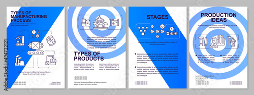 Manufacturing business guideline blue brochure template. Goods production. Leaflet design with linear icons. 4 vector layouts for presentation, annual reports. Arial, Myriad Pro-Regular fonts used