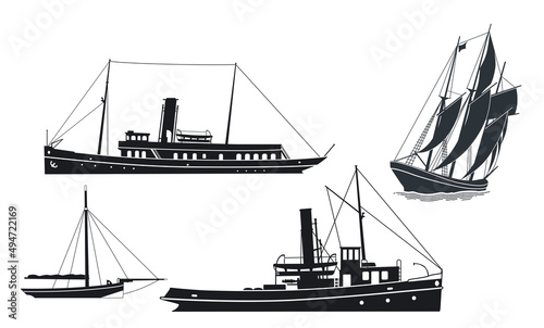 Dampfschiffe und Segelschiffe, isoliert auf weiß, Illustration,