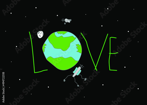 Planet in space and letters love