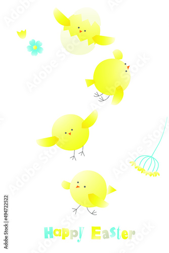 Vector illustration, set with Easter chicks and flowers, in yellow blue colors © Olga Boboshko