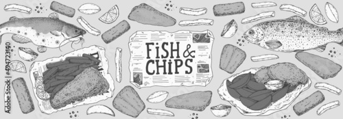 Fish and chips sketch vector illustration. British pub food. Hand drawn sketch. Cooking fish and chips. Engraved hand drawn vintage image. Menu design template.