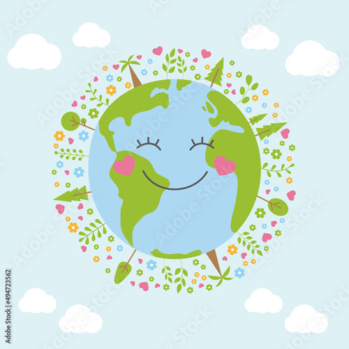 Cute planet Earth. Illustration with plants, trees and flowers around in Earth.