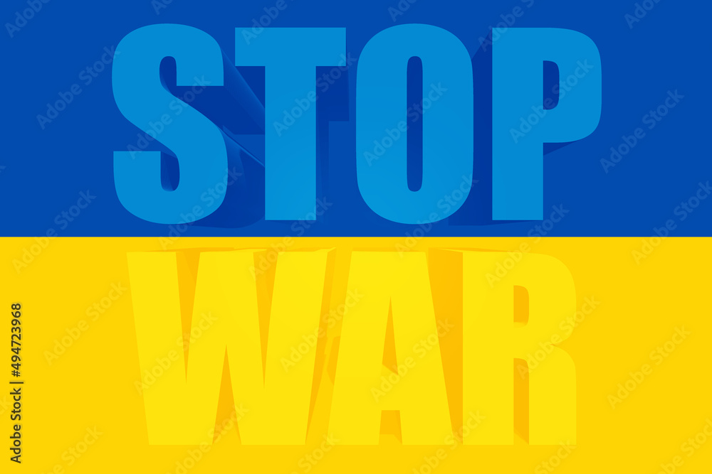 Stop war, conflict between Ukraine and Russia. Blue and yellow flag with the words in transparent to stop the invasion Stop war, conflict between Ukraine and Russia. Blue and yellow flag with the words in transparent to stop the invasion