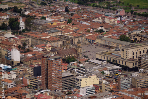 Aerial view of downtown Bogota, Colombia. You can see the Plaza de Bolívar, and around it buildings such as the Palace of Justice, the National Capitol, the Metropolitan Basilica Cathedral of Bogotá photo