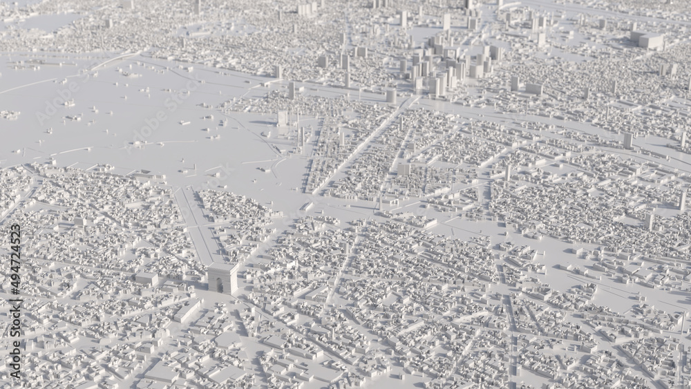Paris as a white 3D model. Top view of the arc de triomphe. - obrazy, fototapety, plakaty 