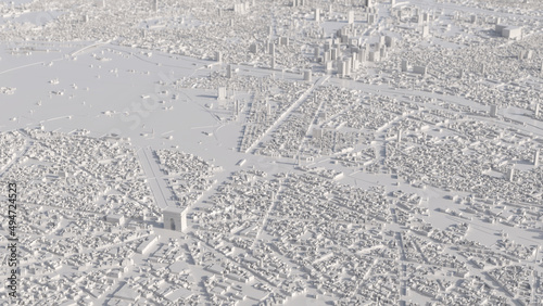 Paris as a white 3D model. Top view of the arc de triomphe.