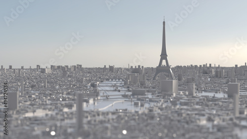 Paris as a white 3D model. City silhouette with Eiffel Tower against the light.