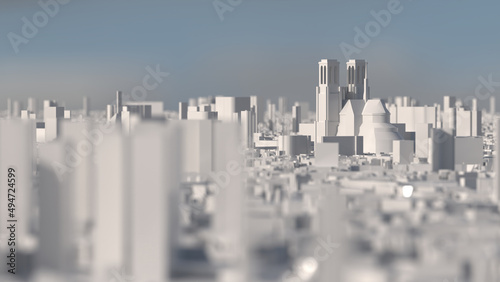 Paris as a white 3D model. City silhouette with Notre-Dame in depth of field.