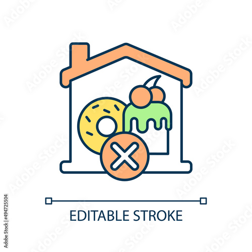 No sweets at home RGB color icon. Healthy food and nutrition. Sugar free dessert. Carb intake. Isolated vector illustration. Simple filled line drawing. Editable stroke. Arial font used