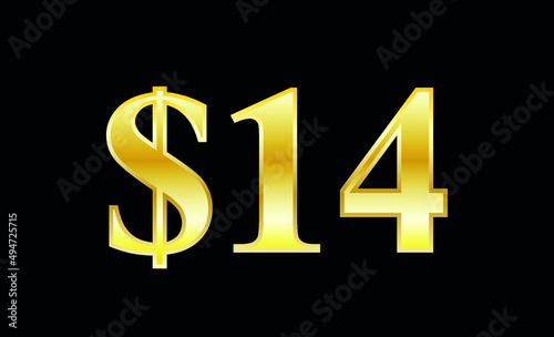 $14 gold dollar. Symbol price and promotional offer. product price tag