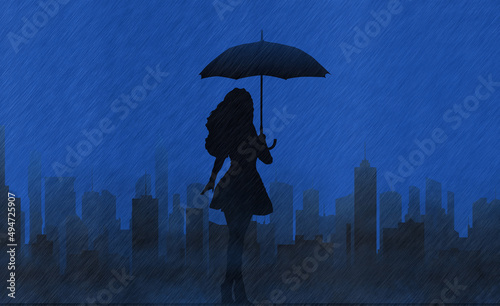 silhouette of a woman with an umbrella against the backdrop of the city and skyscrapers in the rain © Denis Kadatsky