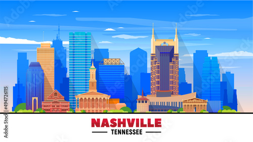 Nashville Tennessee skyline with panorama at sky background. Vector Illustration. Business travel and tourism concept with modern buildings. Image for banner or web site.
