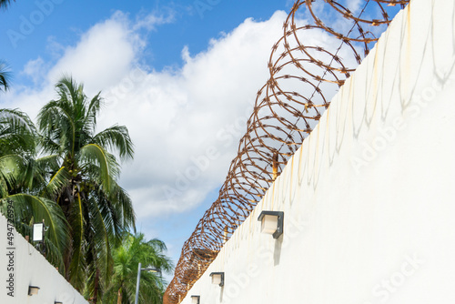 Concrete fence with barbed wire. Behind the prison fence, palm trees and the sky are visible.