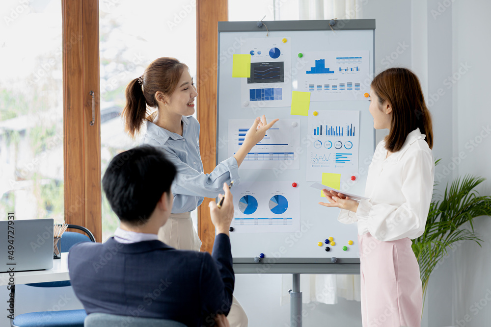 Obraz premium Marketing team meetings for startup companies, brainstorming meetings for implementation planning, management by new generations, marketing planning for startup companies. Opening a startup company.