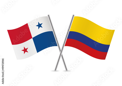Panama and Colombia crossed flags. Panamanian and Colombian flags, isolated on white background. Vector icon set. Vector illustration.