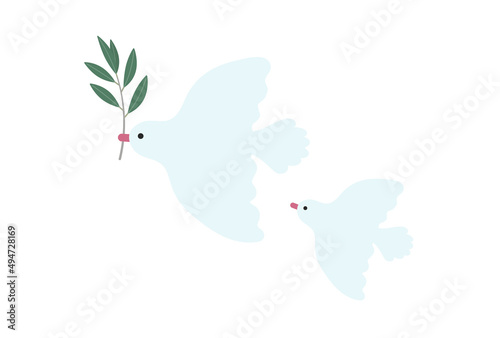 オリーブの葉をくわえて飛んでいる白っぽい水色の鳩の親子- 平和・Peace Day・停戦のイメージ素材