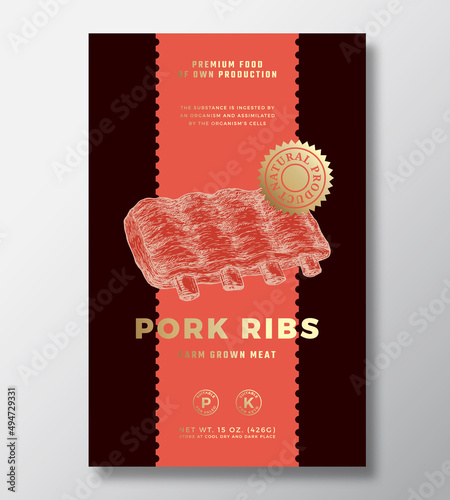 Farm Grown Pork Ribs Abstract Vector Packaging Label Design Template. Modern Typography Banner, Hand Drawn Meat Sketch Silhouette. Color Paper Background Layout with Gold Foil. Isolated
